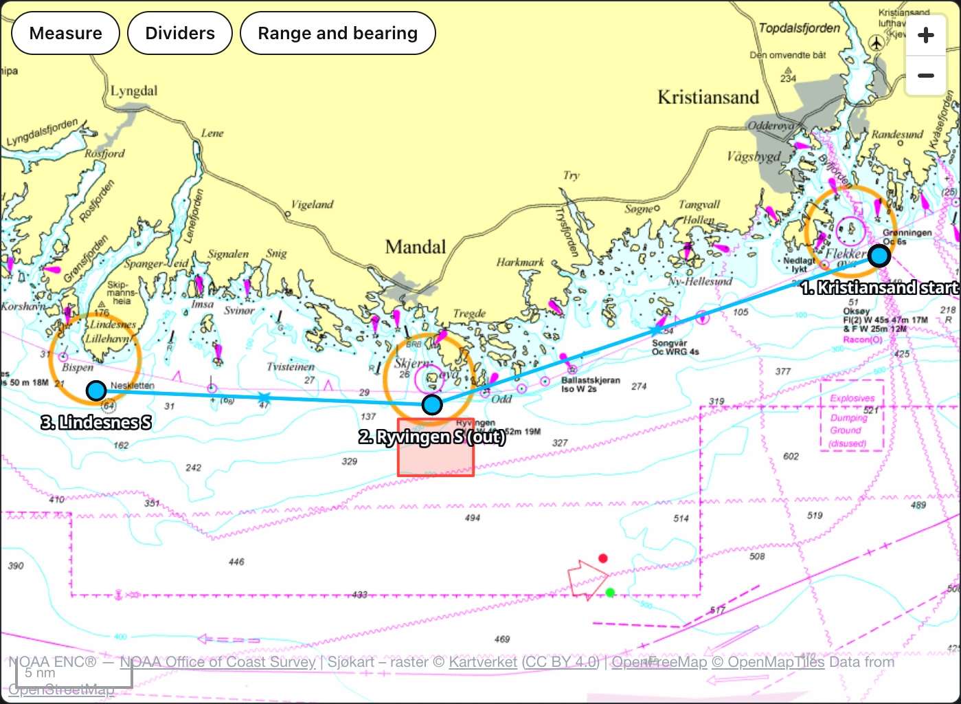 The plan editor’s map, drawn over the official raster chart of a stretch of the Norwegian south coast around Kristiansand, Mandal and Lindesnes. Three tool pills stand across the top of the map — Measure, Dividers and Range and bearing — with the zoom controls at the top right and a 5 nm scale bar at the foot. The plan’s route runs in blue between three numbered waypoints, each a blue disc inside an orange passing-radius circle: 1. Kristiansand start at the east end, 2. Ryvingen S (out) in the middle and 3. Lindesnes S at the west end. A red rectangle south-east of Ryvingen S is the plan’s exclusion zone. The chart’s own soundings, depth contours, light characteristics and traffic symbols are drawn under all of it, and the chart’s attribution line runs along the bottom edge of the map