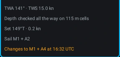 One leg card from Race Control’s PATH AHEAD tab, in the night palette, scrolled past the card’s board and heading row to the lines under it. Five lines stand inside the card’s cyan border: "TWA 141° · TWS 15.0 kn"; "Depth checked all the way on 115 m cells"; "Set 149°T · 0.2 kn"; "Sail M1 + A2"; and, in amber, "Changes to M1 + A4 at 16:32 UTC"